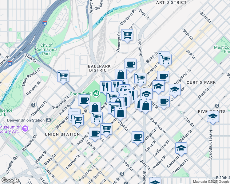 map of restaurants, bars, coffee shops, grocery stores, and more near 2229 Blake Street in Denver