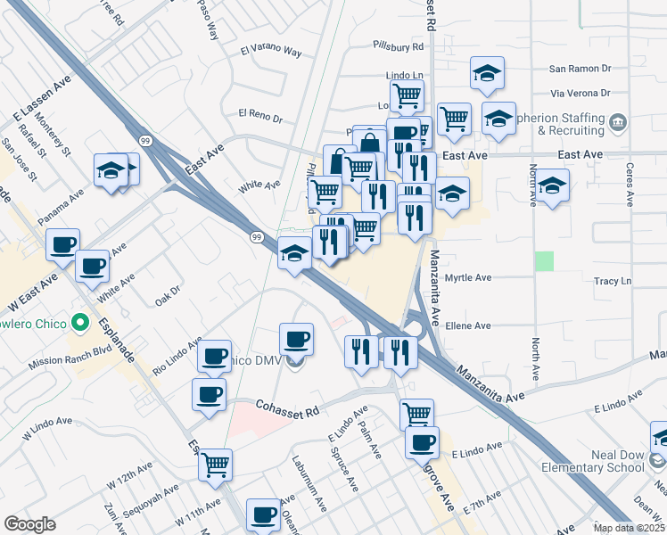 map of restaurants, bars, coffee shops, grocery stores, and more near 2201 Pillsbury Road in Chico