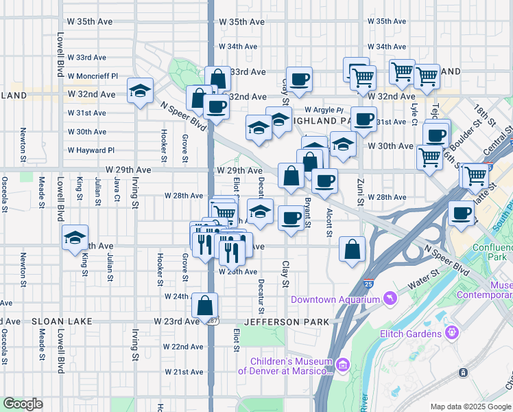 map of restaurants, bars, coffee shops, grocery stores, and more near 2809 West 27th Avenue in Denver