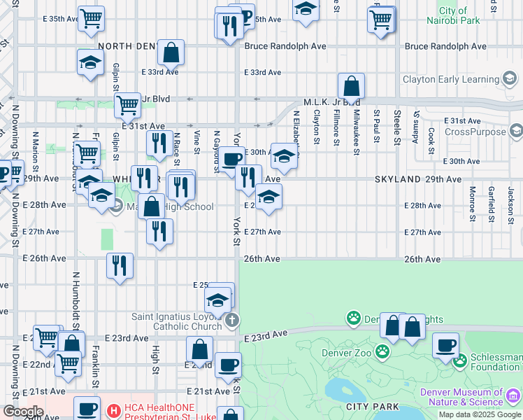 map of restaurants, bars, coffee shops, grocery stores, and more near 2790 Josephine Street in Denver
