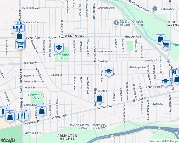 map of restaurants, bars, coffee shops, grocery stores, and more near 314 Westwood Avenue in Dayton