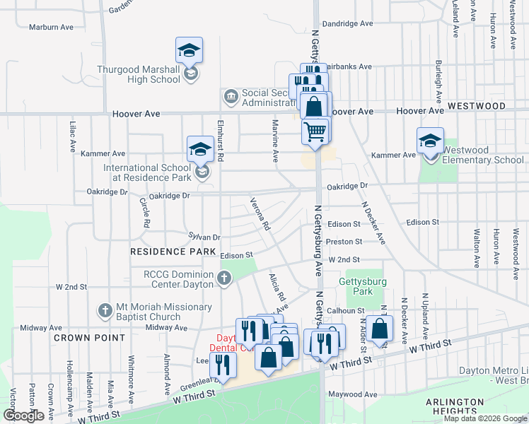 map of restaurants, bars, coffee shops, grocery stores, and more near 4204 Sylvan Drive in Dayton