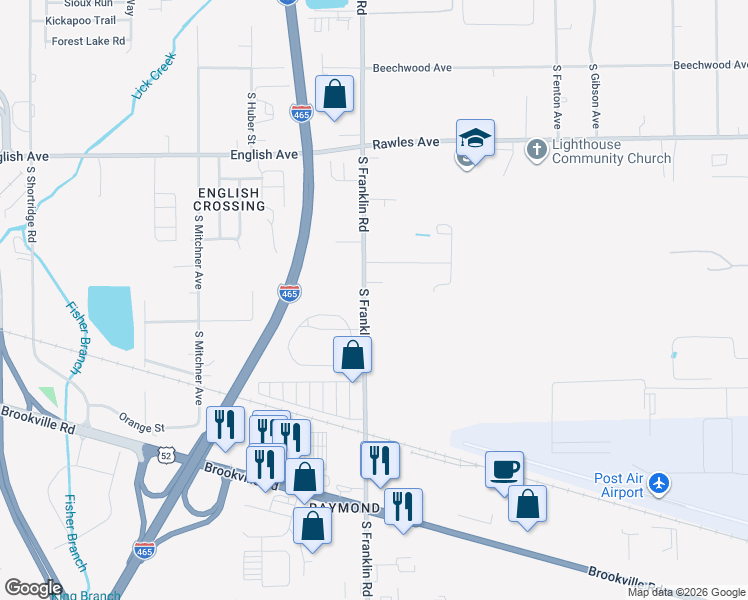 map of restaurants, bars, coffee shops, grocery stores, and more near 8031 Sycamore Springs Trail in Indianapolis
