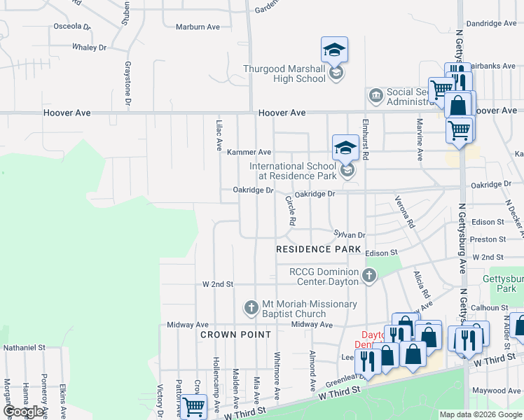 map of restaurants, bars, coffee shops, grocery stores, and more near 668 Mia Avenue in Dayton