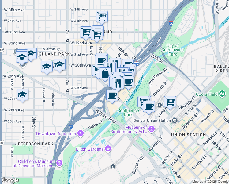 map of restaurants, bars, coffee shops, grocery stores, and more near 2401 15th Street in Denver