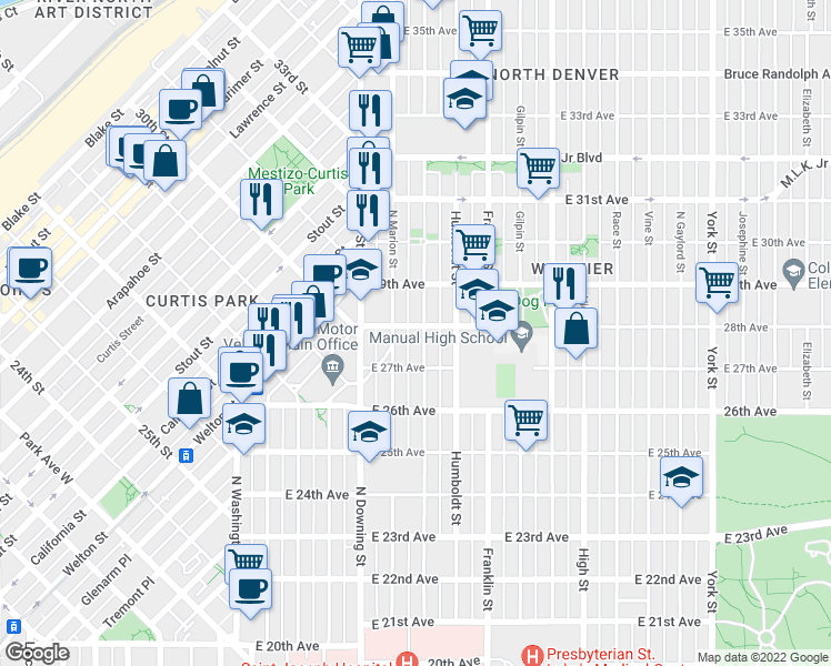 map of restaurants, bars, coffee shops, grocery stores, and more near 2829 North Lafayette Street in Denver
