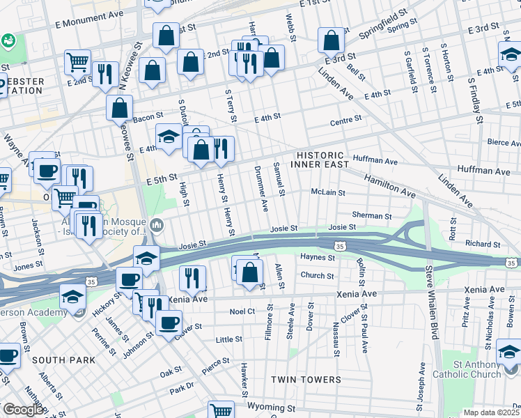 map of restaurants, bars, coffee shops, grocery stores, and more near 67 Drummer Avenue in Dayton