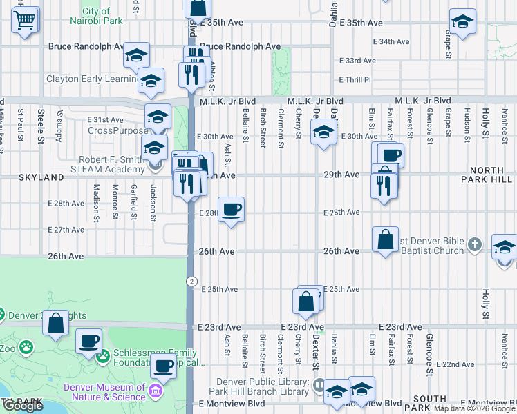 map of restaurants, bars, coffee shops, grocery stores, and more near 2850 Bellaire Street in Denver