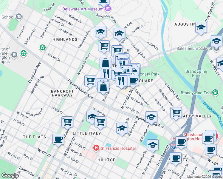 map of restaurants, bars, coffee shops, grocery stores, and more near 1701 West 14th Street in Wilmington