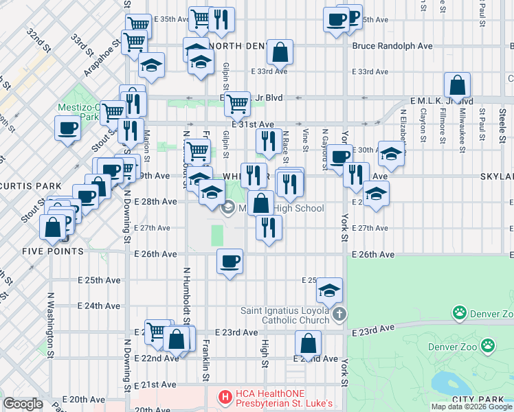 map of restaurants, bars, coffee shops, grocery stores, and more near in Denver