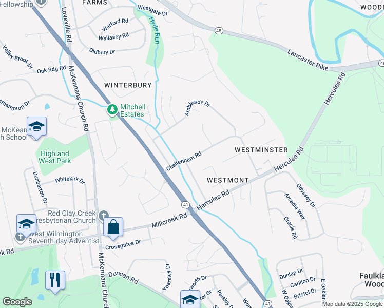map of restaurants, bars, coffee shops, grocery stores, and more near 715 Cheltenham Road in Wilmington