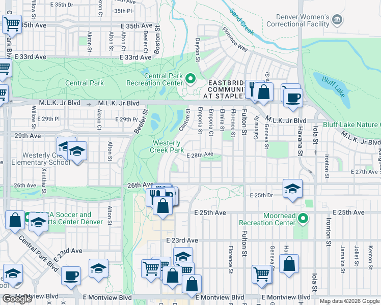map of restaurants, bars, coffee shops, grocery stores, and more near 2823 Clinton Way in Denver