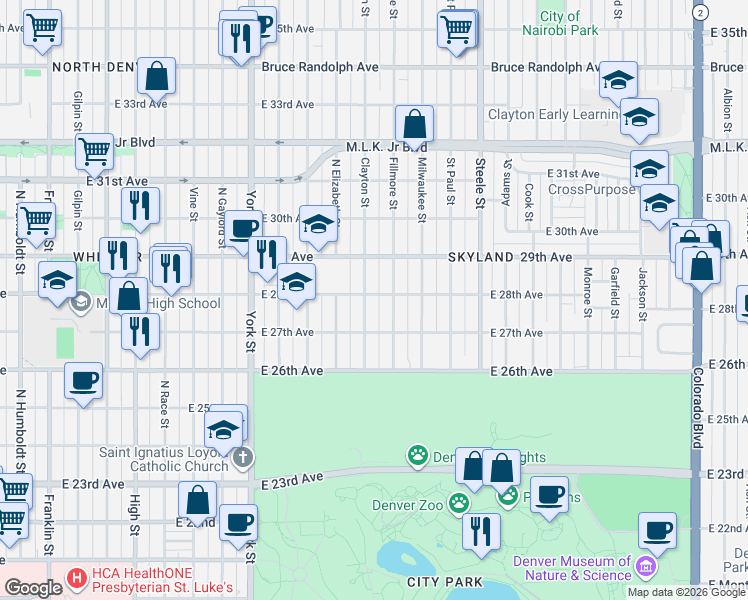 map of restaurants, bars, coffee shops, grocery stores, and more near 2825 Clayton Street in Denver