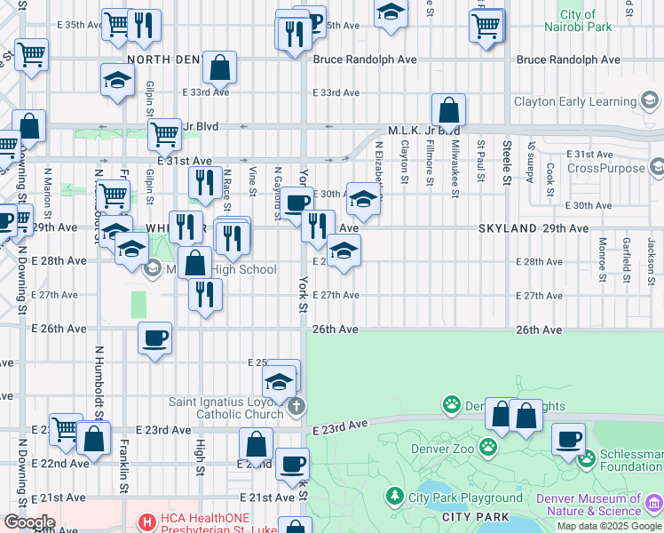 map of restaurants, bars, coffee shops, grocery stores, and more near 2830 Josephine Street in Denver