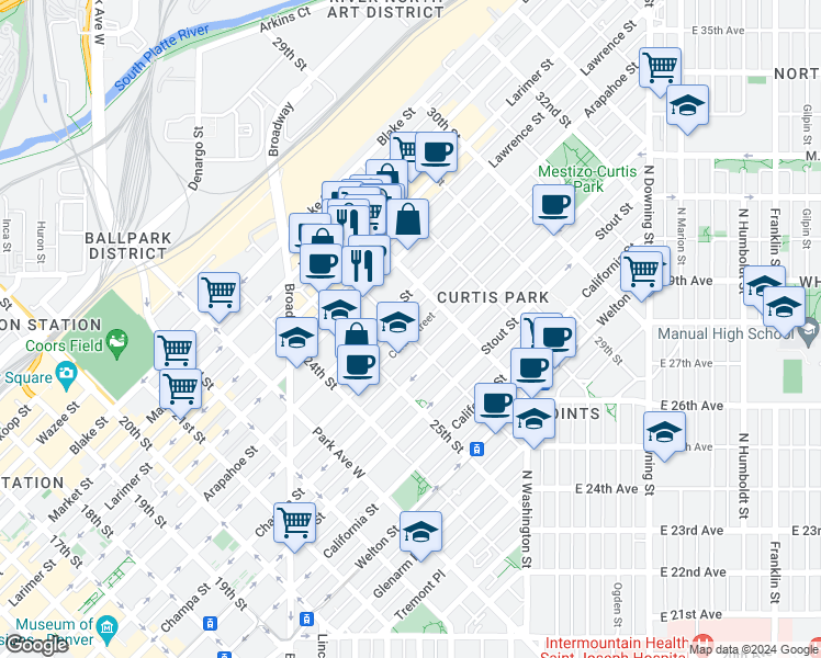 map of restaurants, bars, coffee shops, grocery stores, and more near 2663 Curtis Street in Denver