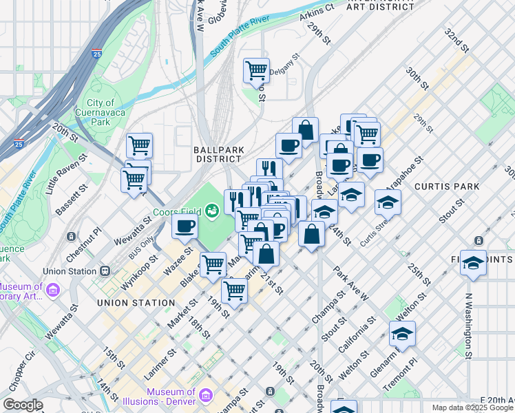 map of restaurants, bars, coffee shops, grocery stores, and more near 2301 Blake Street in Denver