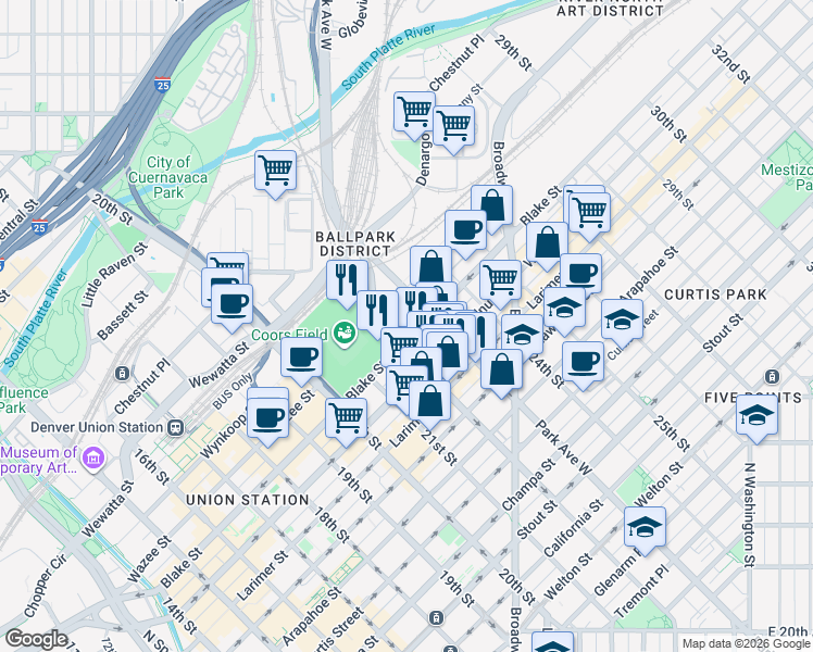 map of restaurants, bars, coffee shops, grocery stores, and more near 2301 Blake Street in Denver