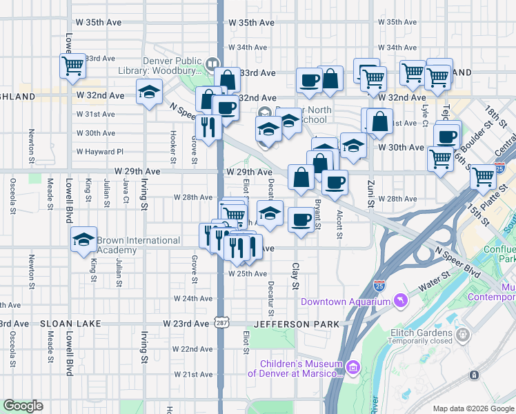 map of restaurants, bars, coffee shops, grocery stores, and more near 2822 West 28th Avenue in Denver