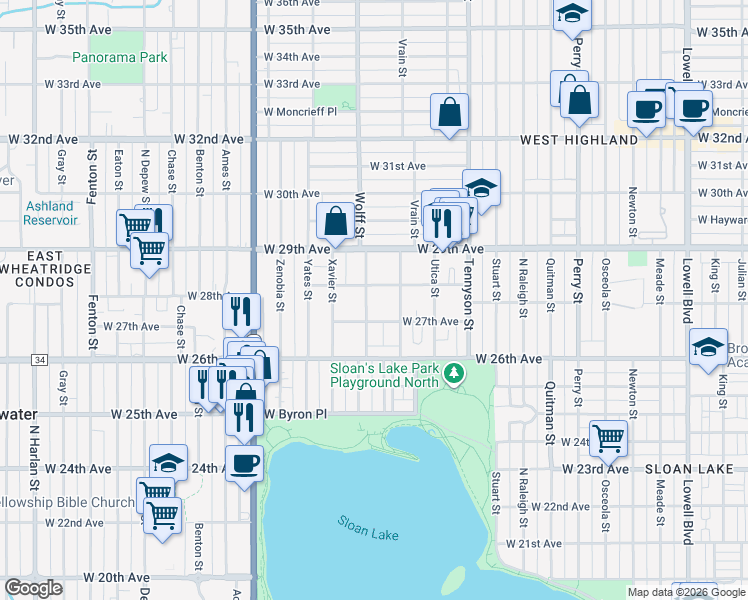 map of restaurants, bars, coffee shops, grocery stores, and more near 2800 Wolff Street in Denver