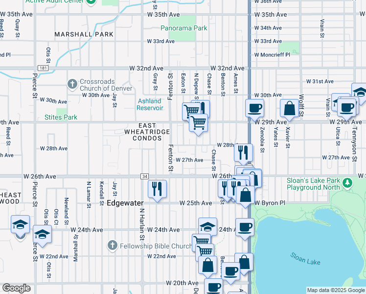 map of restaurants, bars, coffee shops, grocery stores, and more near 2845 Depew Street in Wheat Ridge