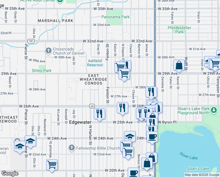 map of restaurants, bars, coffee shops, grocery stores, and more near 2830 Fenton Street in Wheat Ridge