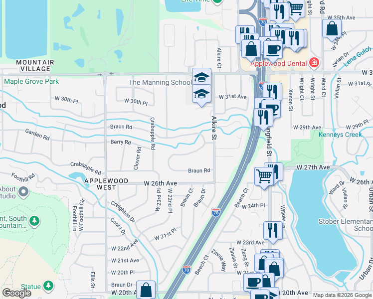 map of restaurants, bars, coffee shops, grocery stores, and more near 13454 Braun Road in Golden