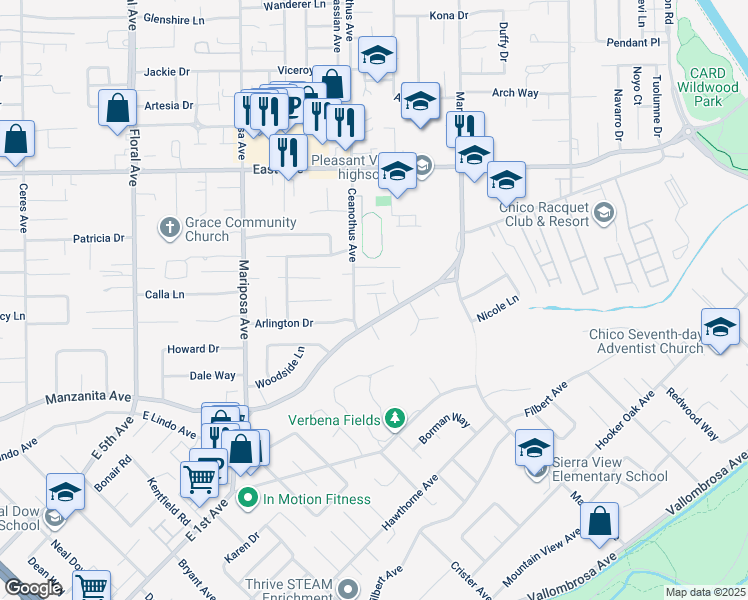 map of restaurants, bars, coffee shops, grocery stores, and more near 1 Garwood Lane in Chico