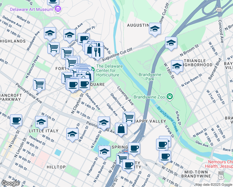map of restaurants, bars, coffee shops, grocery stores, and more near 1402 Lovering Avenue in Wilmington