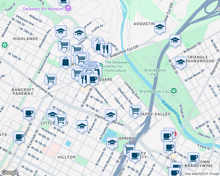 map of restaurants, bars, coffee shops, grocery stores, and more near 1624 Rowan Street in Wilmington