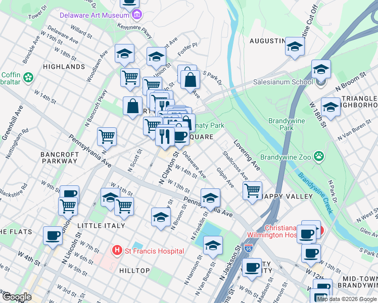map of restaurants, bars, coffee shops, grocery stores, and more near in Wilmington
