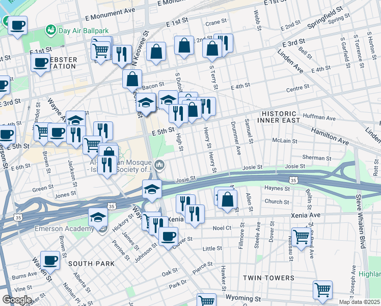 map of restaurants, bars, coffee shops, grocery stores, and more near 42 High Street in Dayton