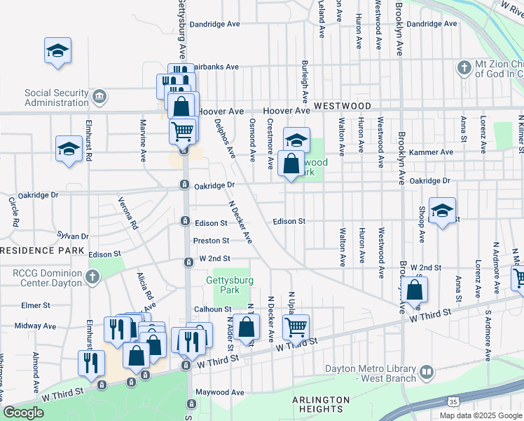 map of restaurants, bars, coffee shops, grocery stores, and more near 2737 Melbourne Avenue in Dayton