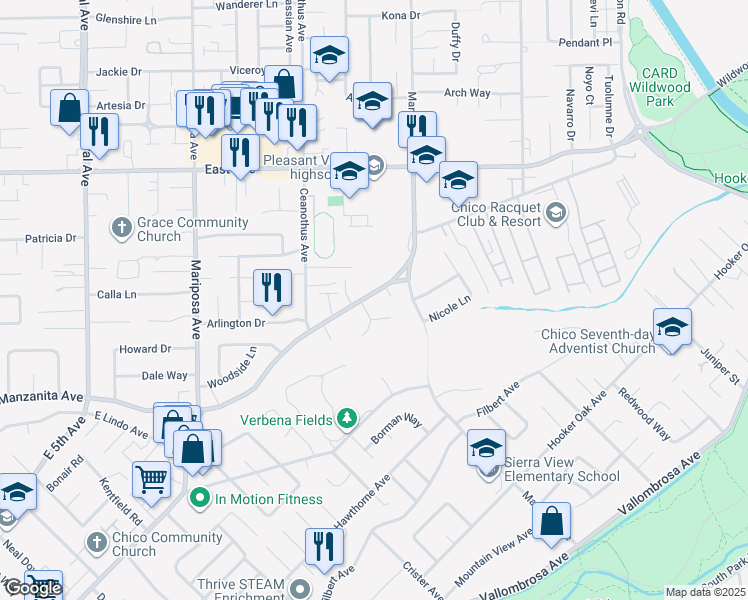 map of restaurants, bars, coffee shops, grocery stores, and more near in Chico