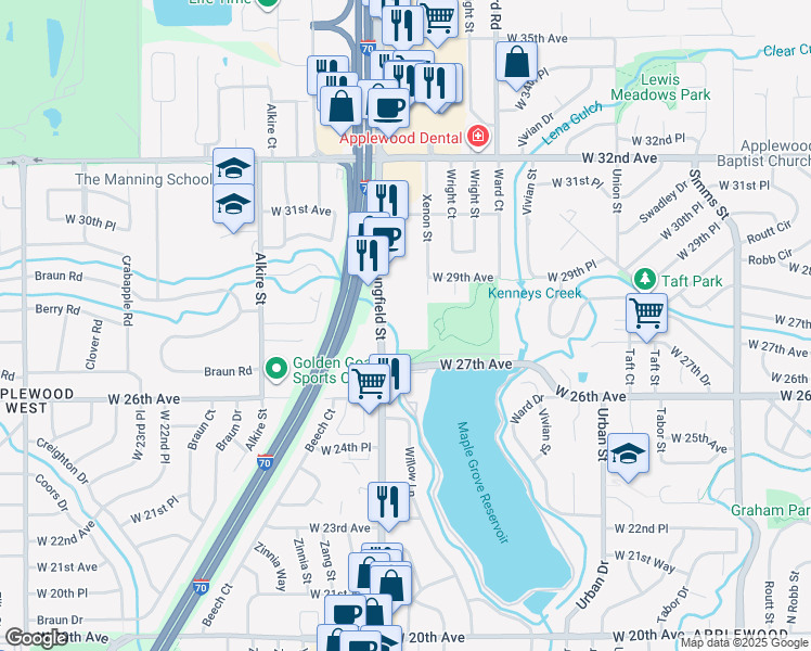 map of restaurants, bars, coffee shops, grocery stores, and more near 2800 Youngfield Street in Lakewood