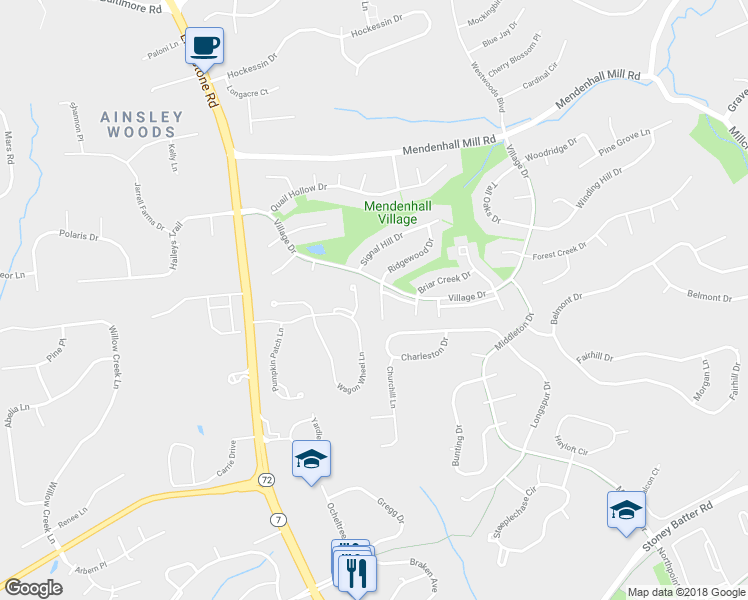 map of restaurants, bars, coffee shops, grocery stores, and more near 116 Wooden Carriage Drive in Hockessin