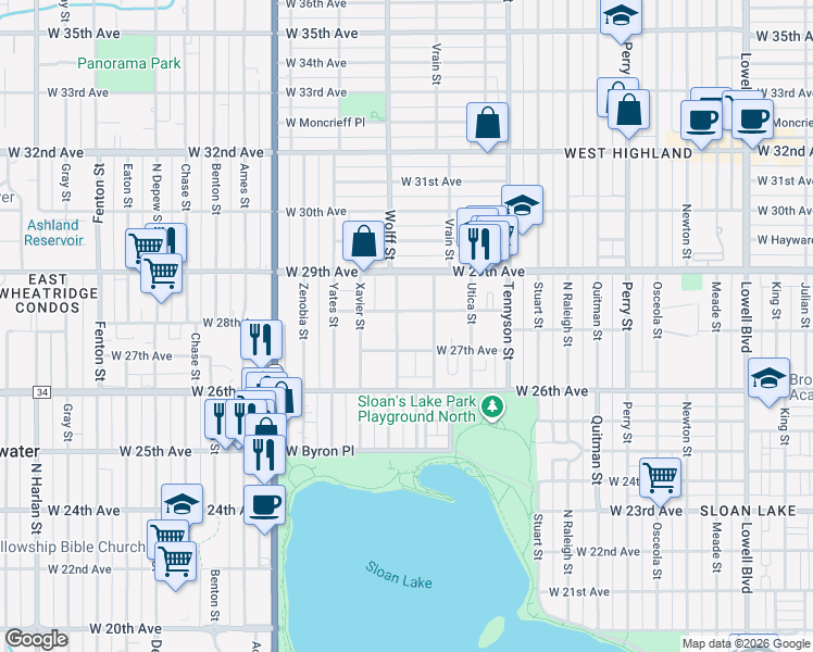 map of restaurants, bars, coffee shops, grocery stores, and more near 2800 Wolff Street in Denver