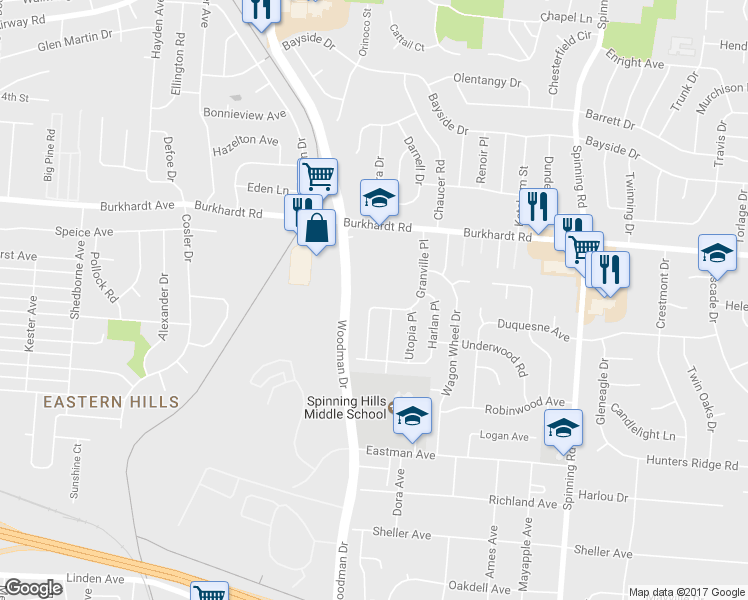 map of restaurants, bars, coffee shops, grocery stores, and more near 5081 Mundy Court in Dayton