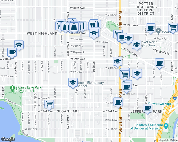 map of restaurants, bars, coffee shops, grocery stores, and more near 2702 Java Court in Denver