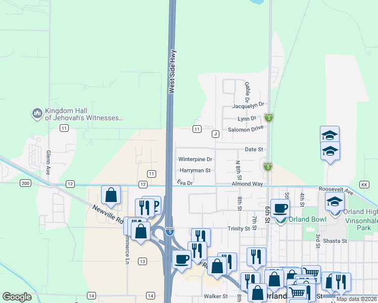 map of restaurants, bars, coffee shops, grocery stores, and more near 1033 Date St in Orland
