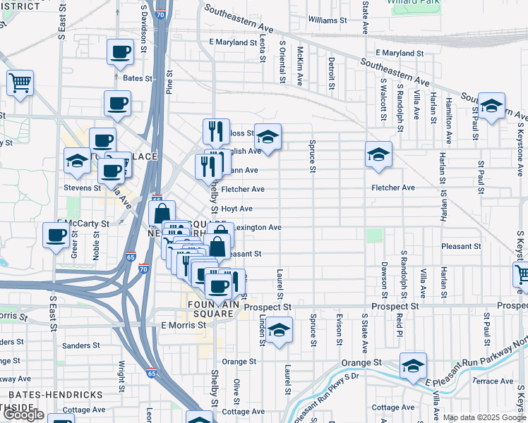 map of restaurants, bars, coffee shops, grocery stores, and more near 1309 Hoyt Avenue in Indianapolis