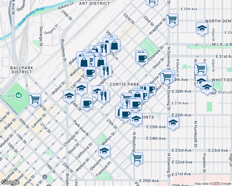 map of restaurants, bars, coffee shops, grocery stores, and more near Champa Street & 27th Street in Denver