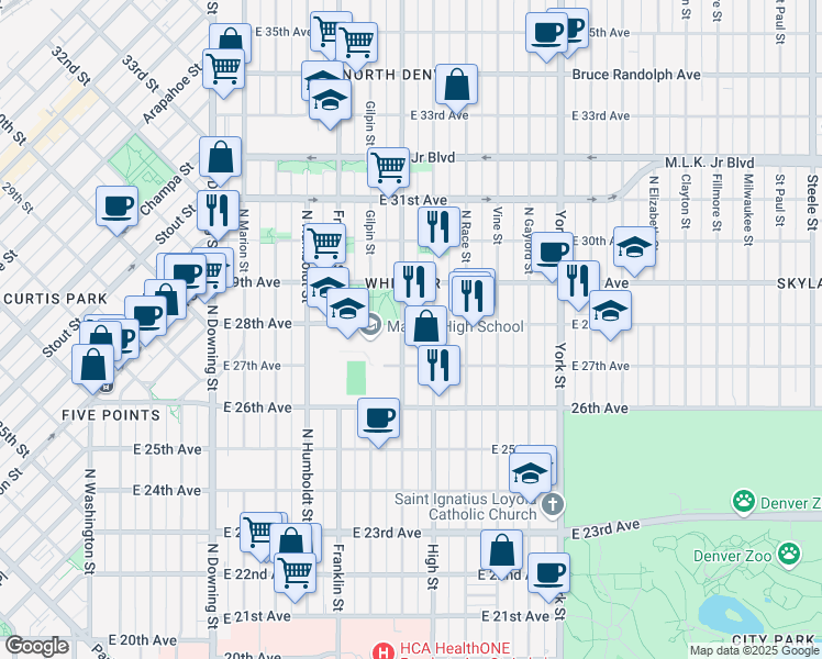 map of restaurants, bars, coffee shops, grocery stores, and more near 1808 East 28th Avenue in Denver