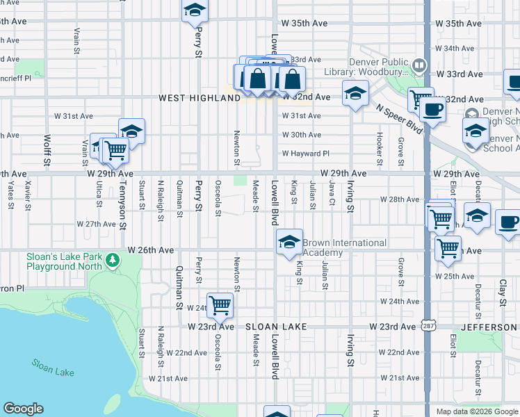map of restaurants, bars, coffee shops, grocery stores, and more near 2811 Meade Street in Denver