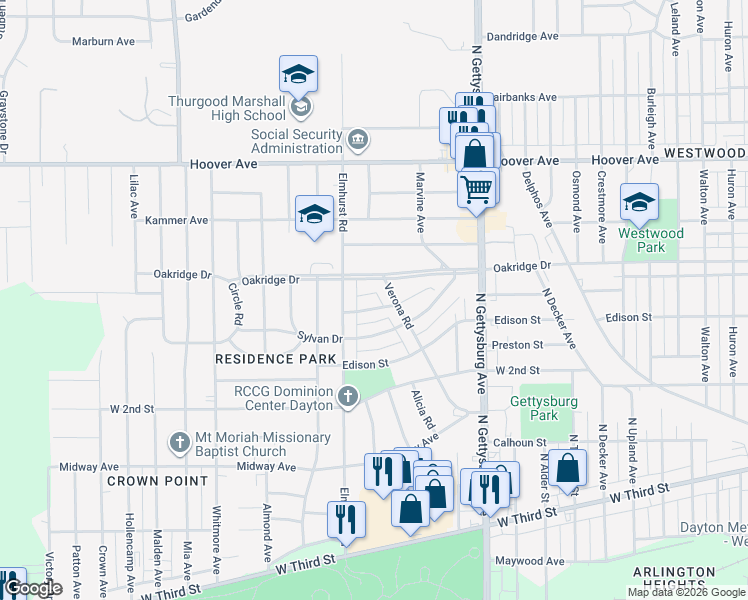 map of restaurants, bars, coffee shops, grocery stores, and more near 4212 Oakridge Drive in Dayton