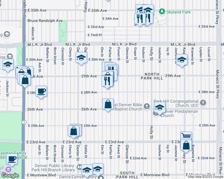 map of restaurants, bars, coffee shops, grocery stores, and more near 2808 Fairfax Street in Denver