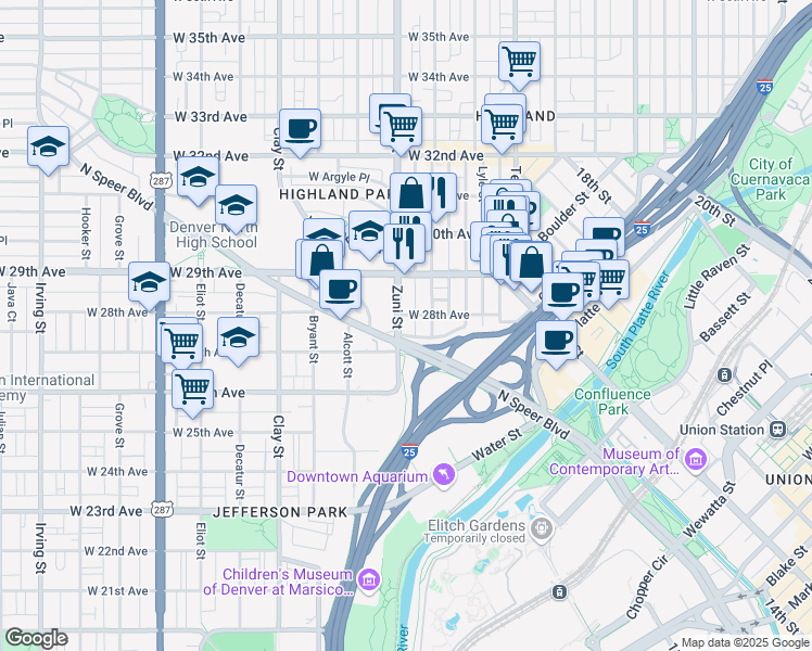 map of restaurants, bars, coffee shops, grocery stores, and more near 2728 Zuni Street in Denver