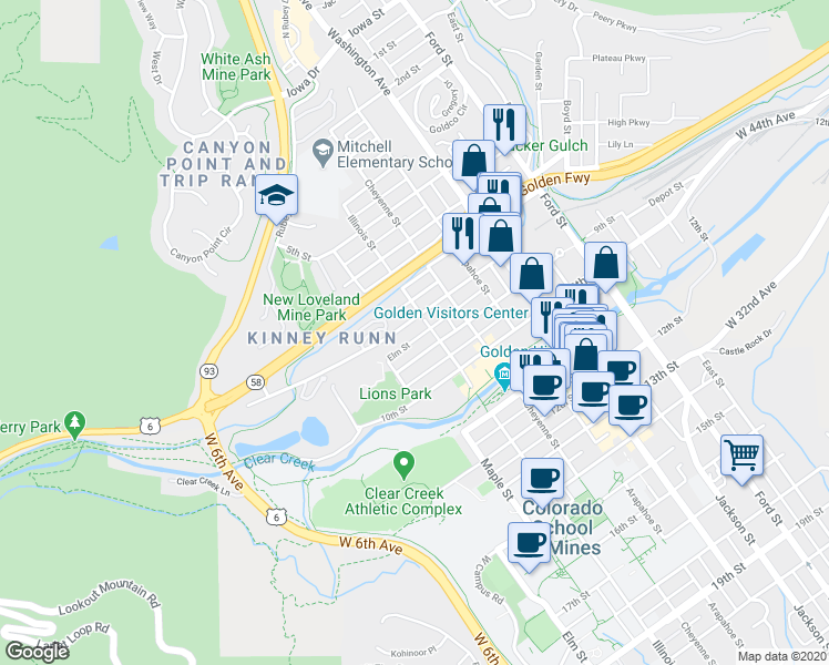 map of restaurants, bars, coffee shops, grocery stores, and more near 1111 8th Street in Golden
