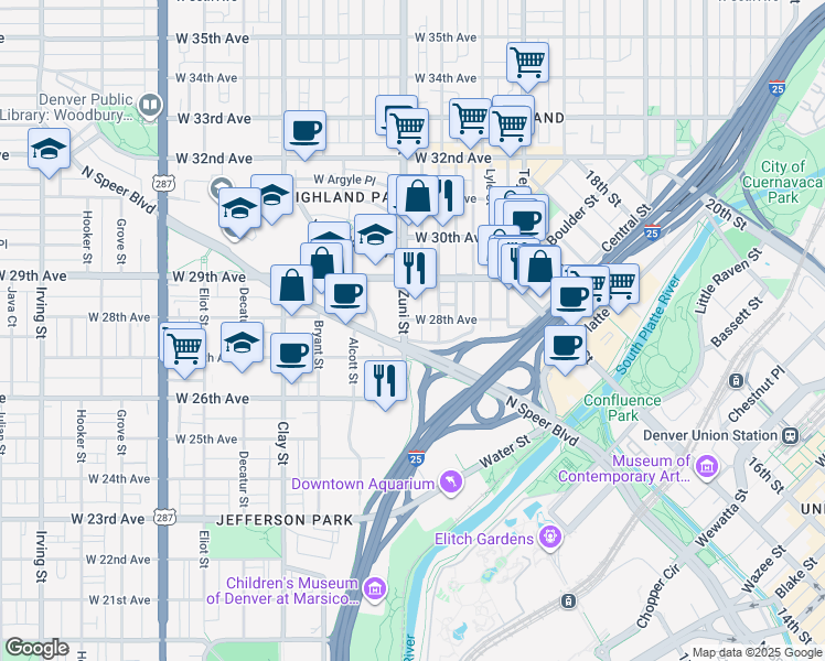 map of restaurants, bars, coffee shops, grocery stores, and more near 2728 Zuni Street in Denver
