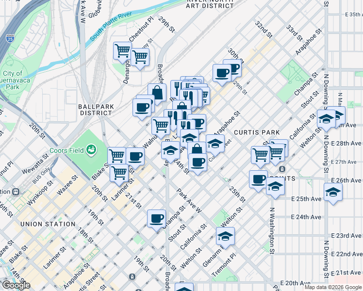 map of restaurants, bars, coffee shops, grocery stores, and more near 1280 25th Street in Denver