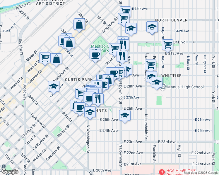 map of restaurants, bars, coffee shops, grocery stores, and more near 2922 Welton Street in Denver